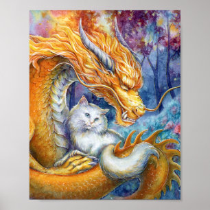 Poster Dragão Dourado & Gato Branco na Floresta Arte em A