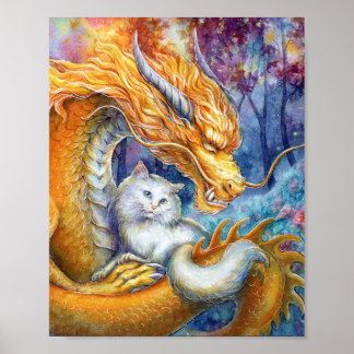 Poster Dragão Dourado & Gato Branco na Floresta Arte em A