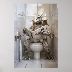Poster Dragão Engraçado no Banheiro Lendo Jornal