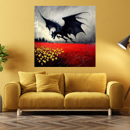 Poster Dragão-escuro no campo de flores fantasia arte-tin