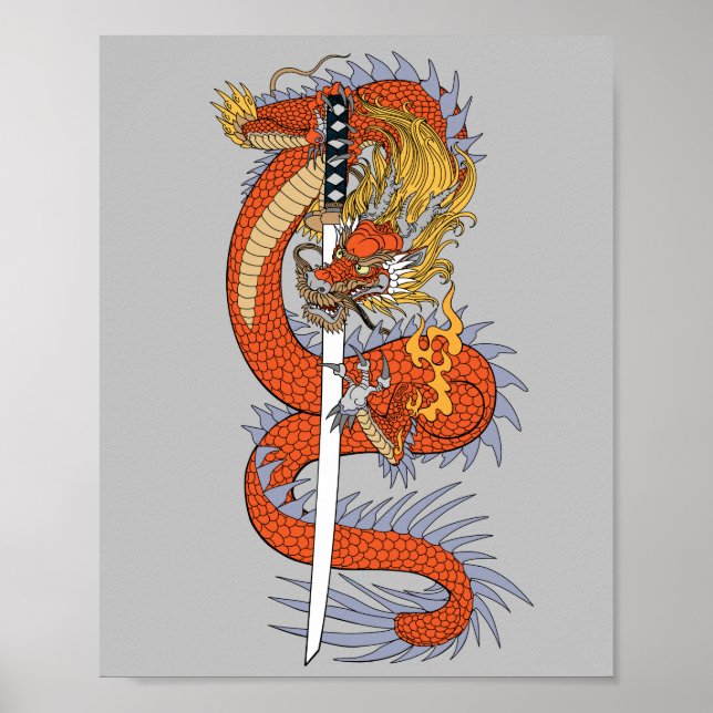 Poster Dragão japonês com espada katana (Frente)