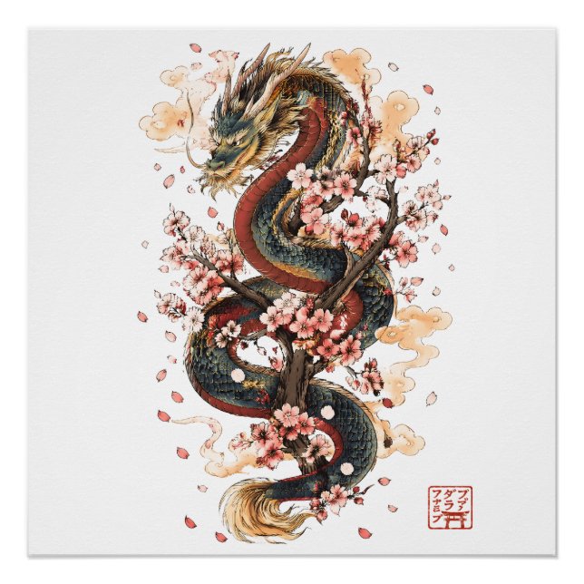 Póster Dragão Japonês com Flores de Cerejeira | Mito Saku (Frente)