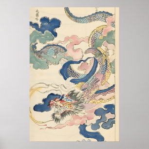 Poster Dragão Japonês Ukiyo-e Arte Impressa Nuvem do Perí