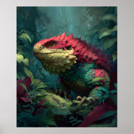 Poster Dragão-lagarto amarelo-verde-vermelho na folhagem 