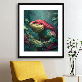 Poster Dragão-lagarto amarelo-verde-vermelho na folhagem 