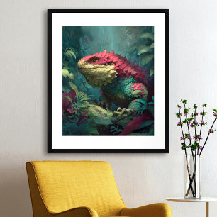 Poster Dragão-lagarto amarelo-verde-vermelho na folhagem 