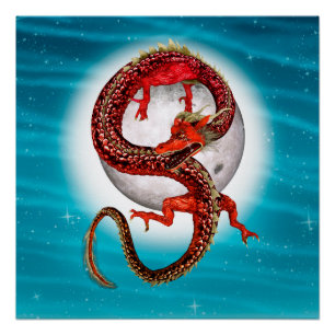 Póster Dragão Lua Vermelha Arte de Fantasia Celestial