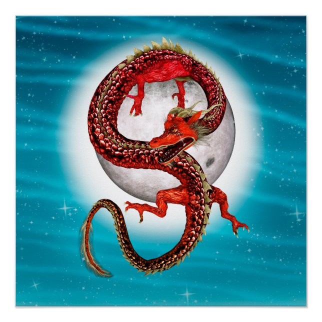 Póster Dragão Lua Vermelha Arte de Fantasia Celestial (Frente)