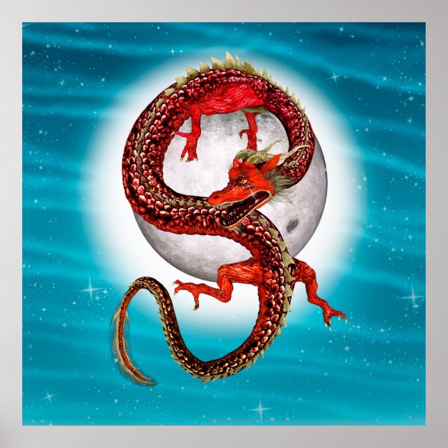 Poster Dragão Lua Vermelha Arte de Fantasia Celestial (Frente)