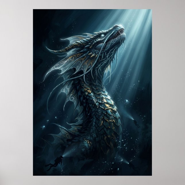 Poster Dragão Marinho Bioluinescente Antigo - Profundezas (Frente)