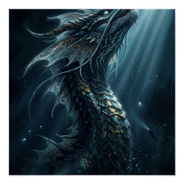 Póster Dragão Marinho Bioluinescente Antigo - Profundezas (Frente)