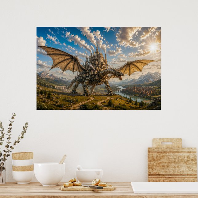 Poster Dragão Mecânico Carregando uma Cidade de Castelo S (Cozinha)