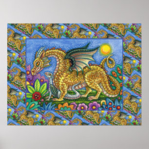 POSTER DRAGÃO MEDIEVAL E JARDIM DE ARTE FOLK JOVEM E COLO