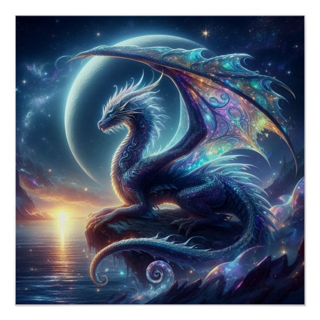 Póster Dragão Místico Ligado À Lua Por Poster do Mar (Frente)