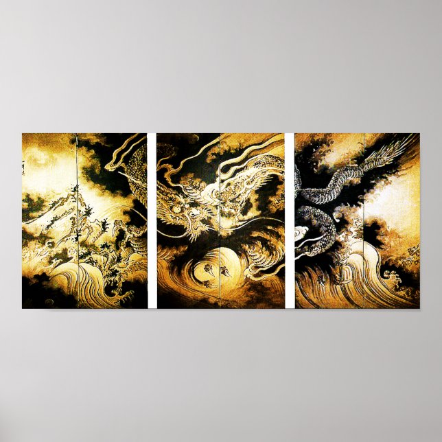 Poster Dragão nas nuvens sobe arte japonesa (Frente)
