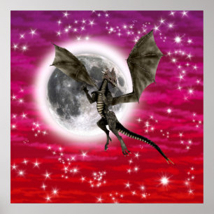 Póster Dragão Negro - Criatura Fantástica Mítica Céu Verm