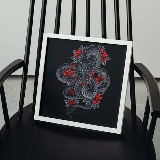 Poster Dragão Negro, Rosas vermelhas (Criador carregado)