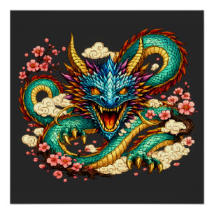 Póster Dragão Oriental & Arte Fantástica de Flores de Cer