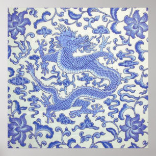 Poster Dragão oriental chinês azul e branco