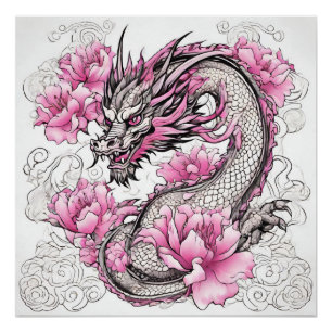 Póster Dragão Oriental com Flores Rosa Vibrantes