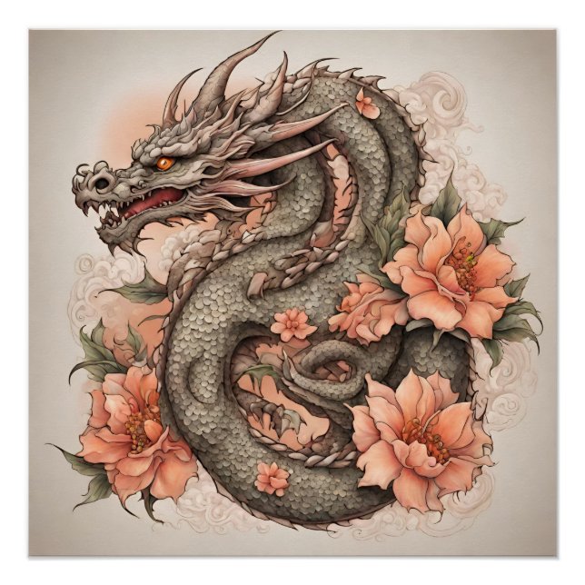 Póster Dragão Oriental e Flores (Frente)