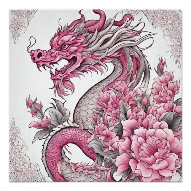 Póster Dragão Oriental e Flores Rosa (Frente)