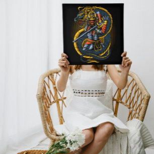 Poster Dragão Ouro japonês e Guerreiro Samurai