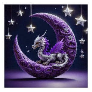Póster Dragão Púrpura E Branco Descendo Numa Lua Crescent