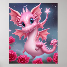 Poster Dragão rosa-claro com flores rosa