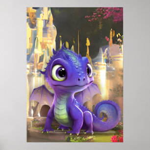 Poster Dragão Roxo Bebê E Castelo Medieval Fantasia