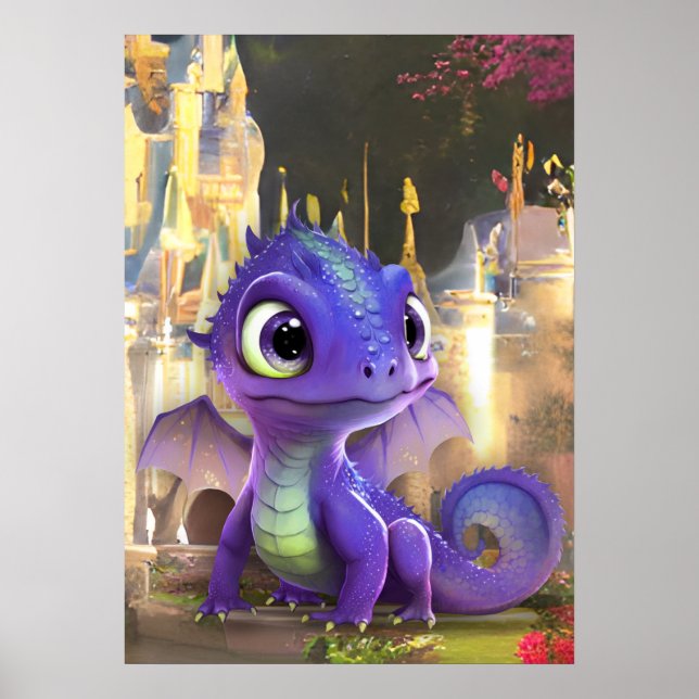 Poster Dragão Roxo Bebê E Castelo Medieval Fantasia (Frente)
