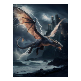 Póster Dragão sobre o castelo.