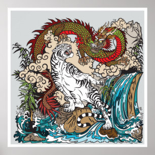 Poster Dragão Verde asiático VS Tigre branco.Ilustraç