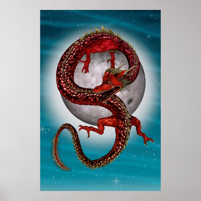 Poster Dragão Vermelho Oriental - Criatura Fantástica Mít (Frente)