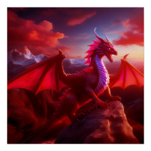 Póster Dragão Vermelho Perches No Pico Da Montanha Cruzad