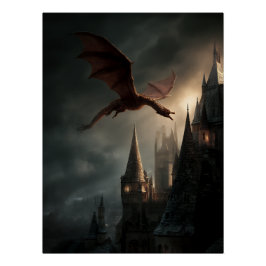 Póster Dragão Vermelho Sobre Castelo Gótico