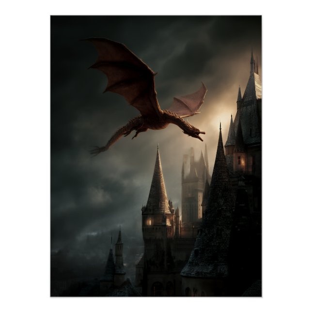 Póster Dragão Vermelho Sobre Castelo Gótico (Frente)