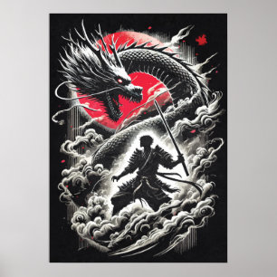 Poster Dragão vs Guerreiro Samurai - Tatuagem Japonesa