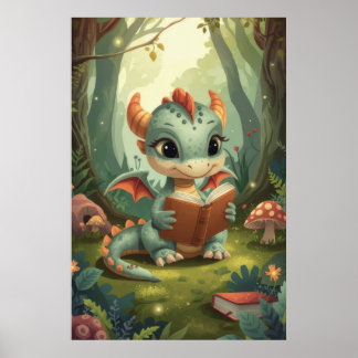 Poster Dragãozinho de Leitura em Aquarela Verde Floresta