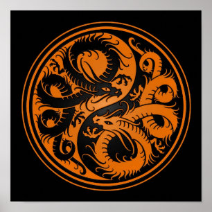 Póster Dragões alaranjados e pretos do chinês de Yin Ya