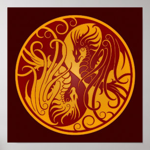 Póster Dragões de voo amarelos e vermelhos de Yin Yang