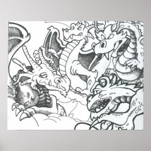 Póster Dragões preto e branco do desenho da fantasia