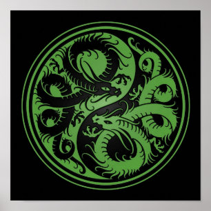 Poster Dragões verdes e pretos do chinês de Yin Yang