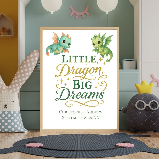 Poster Dragões Verdes Personalizados - Estatuagem de Nasc (Little Dragon Big Dreams Baby Boy Nursery Wall Art Print. Personalized with Name Birthday Birth Stat)