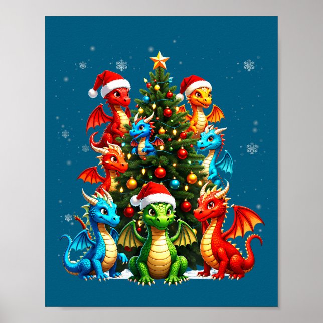 Poster Dragon Christmas Tree Squad Santa Hat Fantasy Myth (Frente)