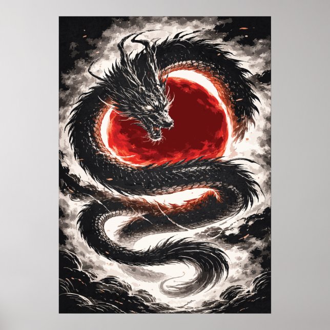 Poster Dragon Coil over a Red Eclipse - Japanese Art (Frente)