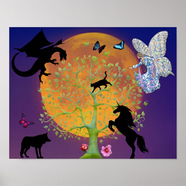 Poster Dragon Fairy Unicorn Fantasy Tree e Full Moon (Frente)