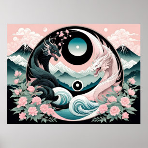 Poster Dragon Floral Mountain Pink Sage Teal