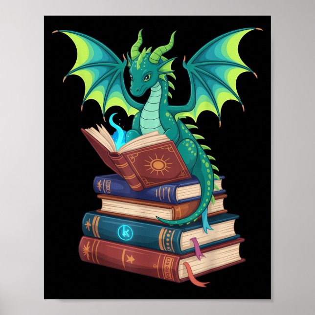 Poster Dragon Reading Books Fantasy Lovers Mythical Creat (Frente)