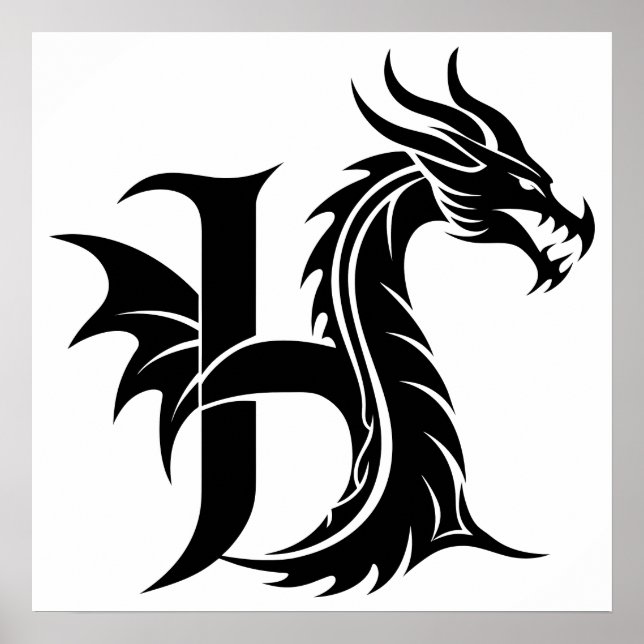 Poster Dragon Styled Letter H, Dragon Alphabet, Monogram (Frente)